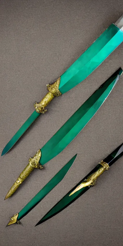 Image similar to photograph of a wide green and teal crystal double - edged sword blade attached to a big gold sword hilt