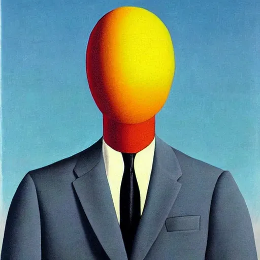 Prompt: a portrait of a well dressed business man, thehe planet saturn is his face!!!!!!, art by Rene Magritte