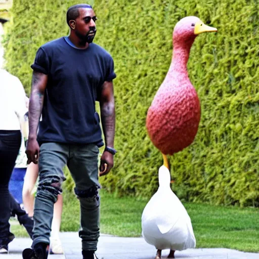 Prompt: a paparazzi photo of kanye west walking next to a giant duck