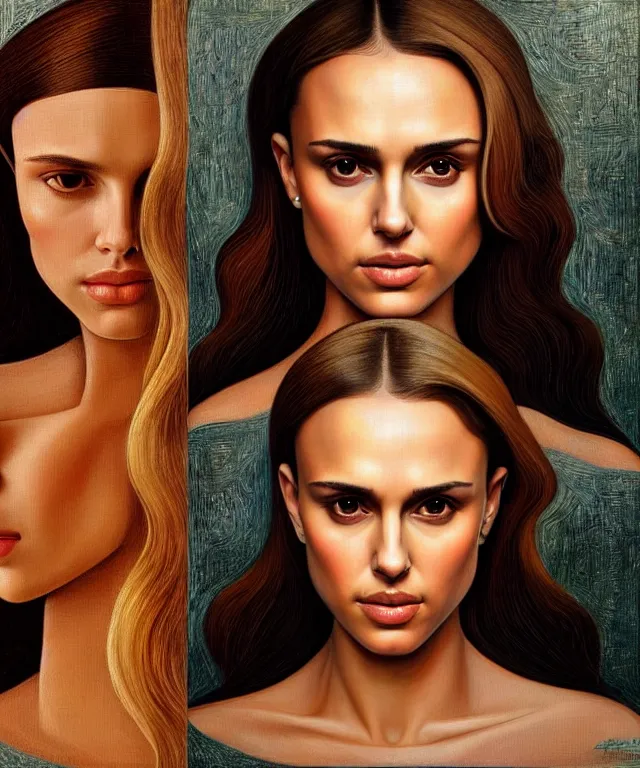 Image similar to half Nathalie portman half jessica alba portrait by Sandro Botticelli, sci-fi, amber eyes, beautiful face, appealing long hair, fantasy, intricate, elegant, highly detailed, digital painting, artstation, concept art, smooth, sharp focus, oil painted illustration by Sandro Botticelli