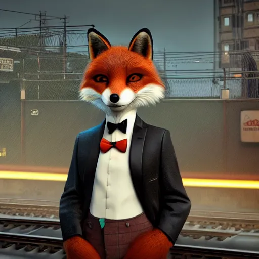 Image similar to anthropomorphic furry fox wearing a tuxedo stands on a train station ,detailed, environment, building, train cinematic lights, Artstation