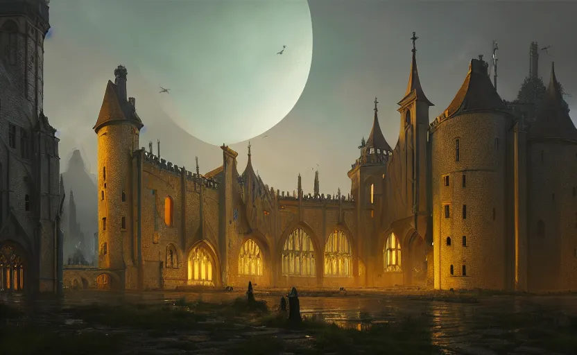 Image similar to exterior shot of utopian english medieval stronghold architecture with cinematic lighting by zaha hadid peter zumthor and renzo piano and, darek zabrocki and greg ruthkowski, simon stalenhag, cinematic, holy place, paradise, scifi, futurism, atmospheric, concept art, artstation, trending on artstation