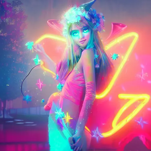 Image similar to stylish magical fairy, splashes of neon, cartoon portrait made out of rain, trending on artstation, epic composition, beautiful, rendered in octane, unreal engine, highly detailed, realistic