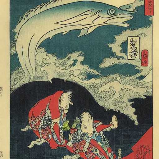 Image similar to A sea full of mythical monsters by Utagawa Kuniyoshi, ukiyo-e, nightmare ocean storm