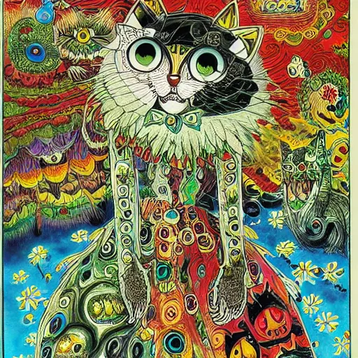 Prompt: A collaboration manga between Louis Wain and Junji Ito