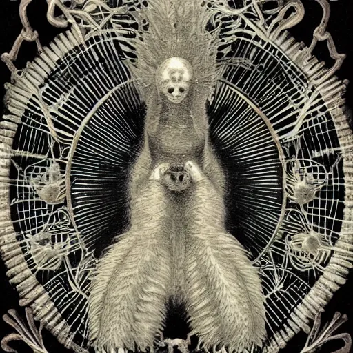 Image similar to furry freaky creature sings a unique canto about'as above so below'being ignited by the spirit of haeckel and robert fludd, breakthrough is iminent, glory be to the magic within