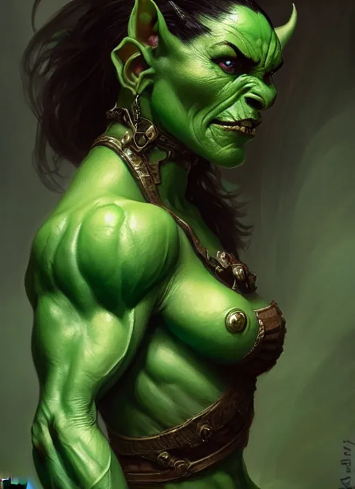 Prompt: portrait of aggressive female orc, d & d, muscular! green, fantasy, intricate, elegant, highly detailed, digital painting, artstation, concept art, smooth, sharp focus, illustration, art by artgerm and greg rutkowski and alphonse mucha