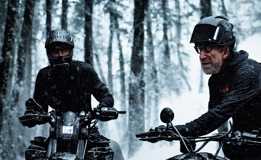 Image similar to cinestill 5 0 d candid photographic portrait by steven spielberg of joe biden wearing rugged black mesh techwear on a dirtbike through a deep forest, extreme closeup, modern cyberpunk moody emotional cinematic, snow storm, 8 k, hd, high resolution, 3 5 mm, f / 3 2, ultra realistic faces, ex machina