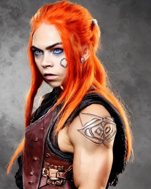 Prompt: fantasy character portrait photo. female dwarf. short, broad, extremely jacked physique. broad face resembles cara delevingne but very squat. wide face, androgynous but pretty. elaborately braided orangepink hair. long sidebuns, downy cheeks. thick bushy groomed red eyebrows with multiple piercings. tan leather vest, bare bodybuilder shoulders. kohl, lipgloss