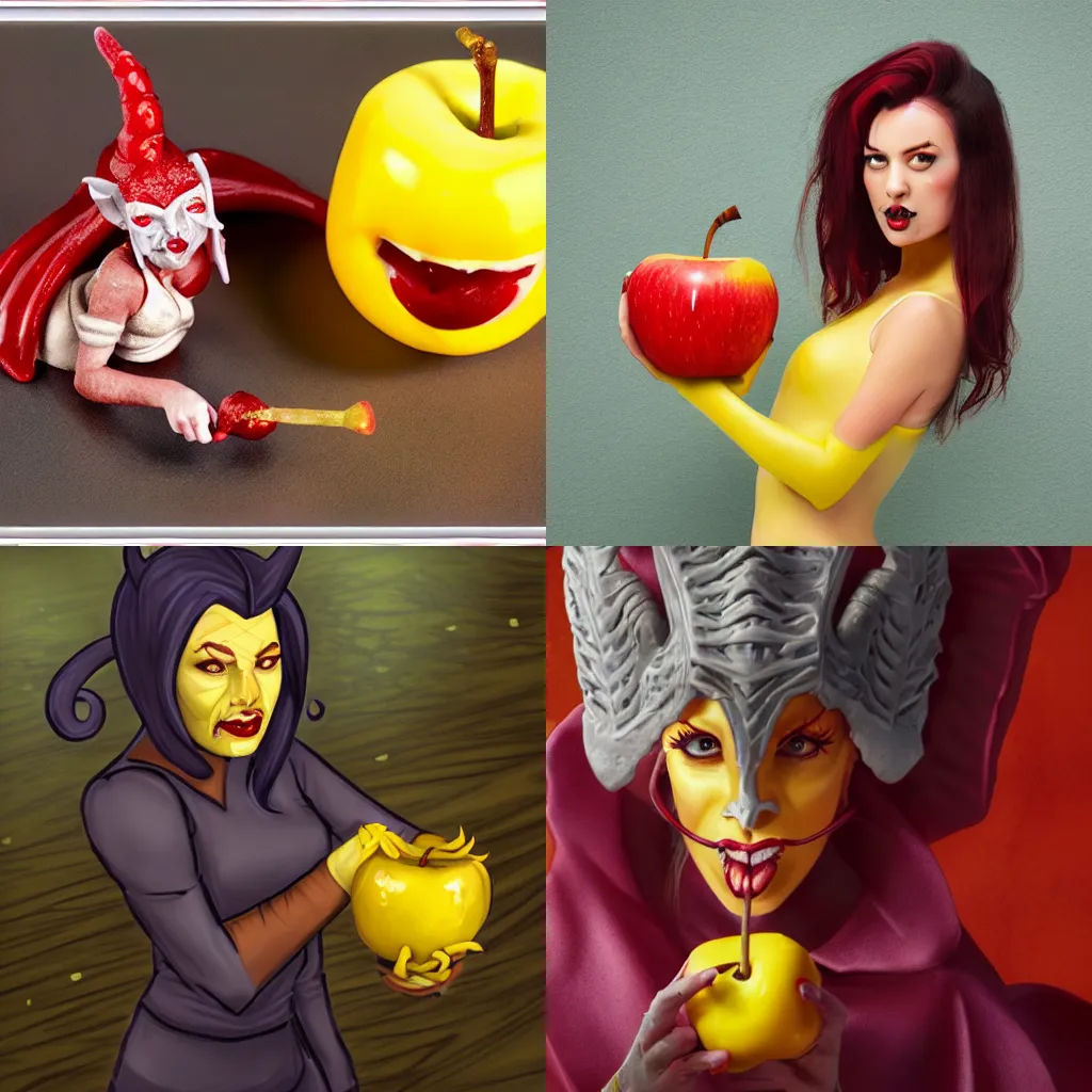 Prompt: A female tiefling with yellow skin eating a candied red apple