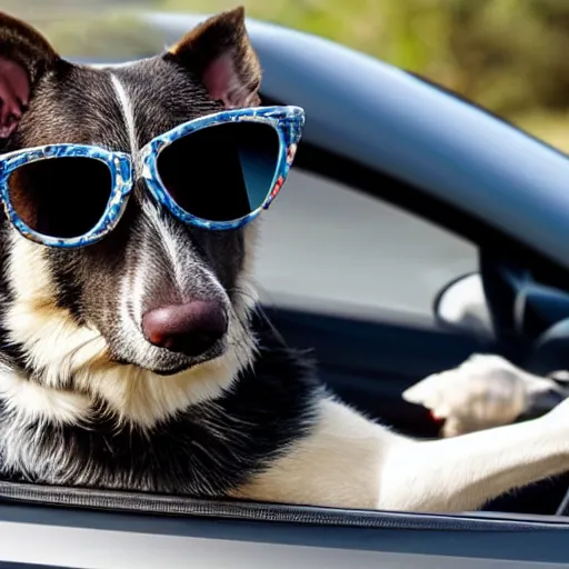 Prompt: dog with sunglasses driving a car