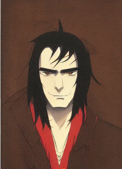 Prompt: portrait by studio gainax, handsome male vampire, focus on face, long black hair, dark blue shirt, light brown coat, red - eyes,