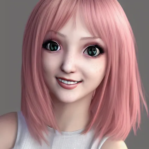 Image similar to Render of Nikki from Shining Nikki Dress-Up Game, a cute 3D young woman, long light pink hair, full bangs, full round face, hazel amber eyes, pale skin, cute freckles, light blush, Chinese heritage, smiling softly, wearing casual clothing, interior lighting, cozy living room background, medium shot, mid-shot, hyperdetailed, trending on Artstation, Unreal Engine 4k