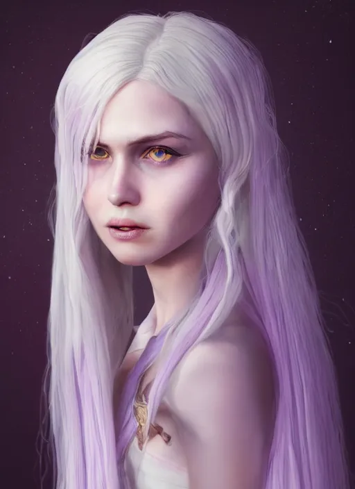 Prompt: An epic fantasy comic book style portrait painting of a pale girl with long straight white hair, lilac pupil, she is wearing a dress with a chess pattern, Unreal 5, DAZ, hyperrealistic, octane render, cosplay, RPG portrait, dynamic lighting