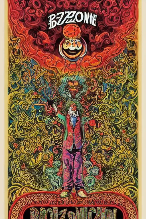 Prompt: Flowing lettering that says The Bozone, Fillmore concert poster for The Bozone by Robert Crumb, by Victor Moscoso, by Laurie Lipton, black light velvet poster for a band called The Bozone, intricate paisley filigree of lettering that says The Bozone, Bozo the clown. Clown motif, Shiny bulbous red clown nose at the center of an infinite fractal mandala tunnel of clowns, Unreal Engine, Cryengine, trending on Artstation,