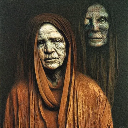 Prompt: portrait of 600 years old girl, painting by Beksinski