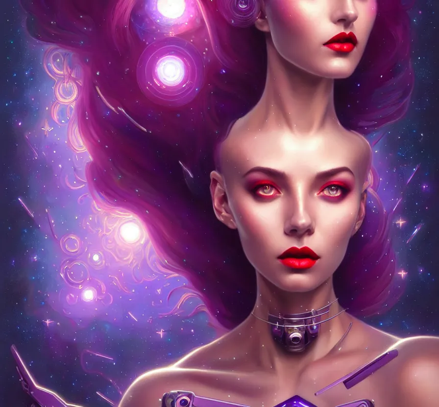 Image similar to beautiful cyber female with purple mechanic eyes and red lips, face, sci - fi, metal skinn, constellation geometry space mandal background, breathtaking stars, elegant, highly detailed, digital painting, artstation, concept art, smooth, sharp focus, spiritual art, art by artgerm and greg rutkowski and alphonse mucha, psychedelic, illustration, painting oil,