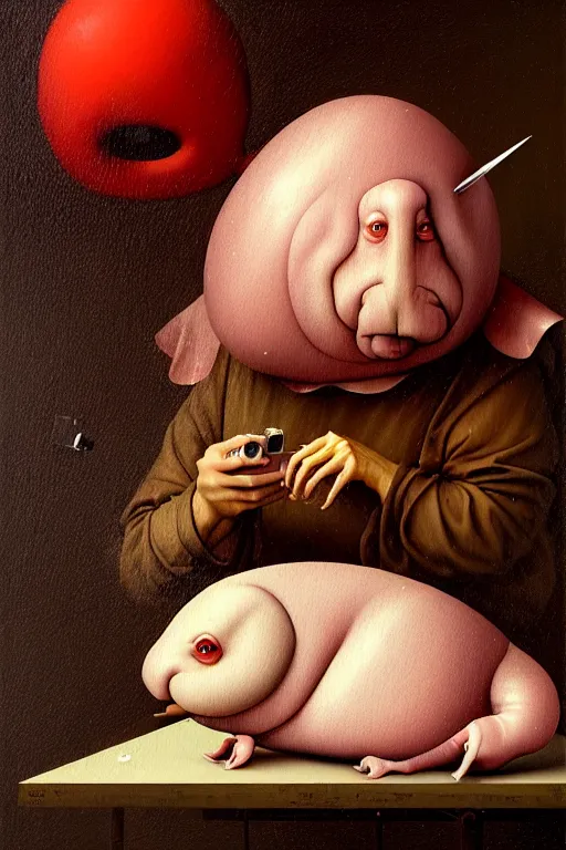 Image similar to hieronymus bosch, greg rutkowski, anna podedworna, painting of small extremely fat white blobfish with bright red hair smiling at a laptop