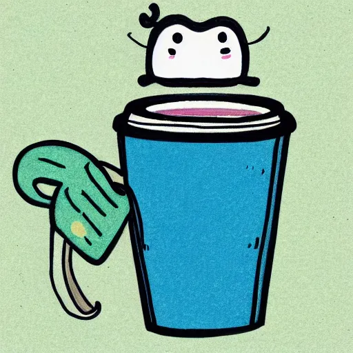 Prompt: a hand drawn cute illustration of a living box of KD holding a cup of coffee