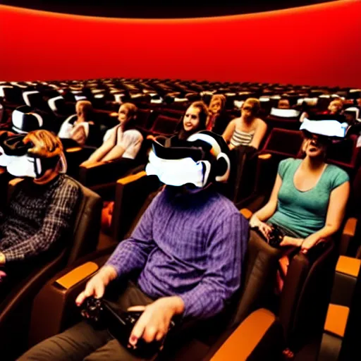Image similar to people in a busy very dark movie theatre, all of they are wearing vr headsets with art direction by salvador dali, wide lens