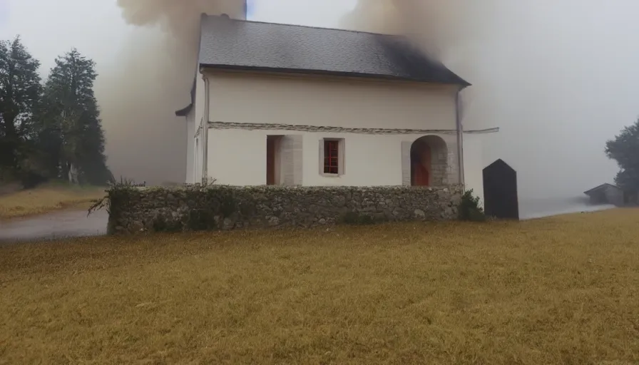 Image similar to mini dv camera footage of a heavy burning french style little house, heavy rain, foggy, in a small northern french village, heavy grain, very low quality, high detail, dramatic light