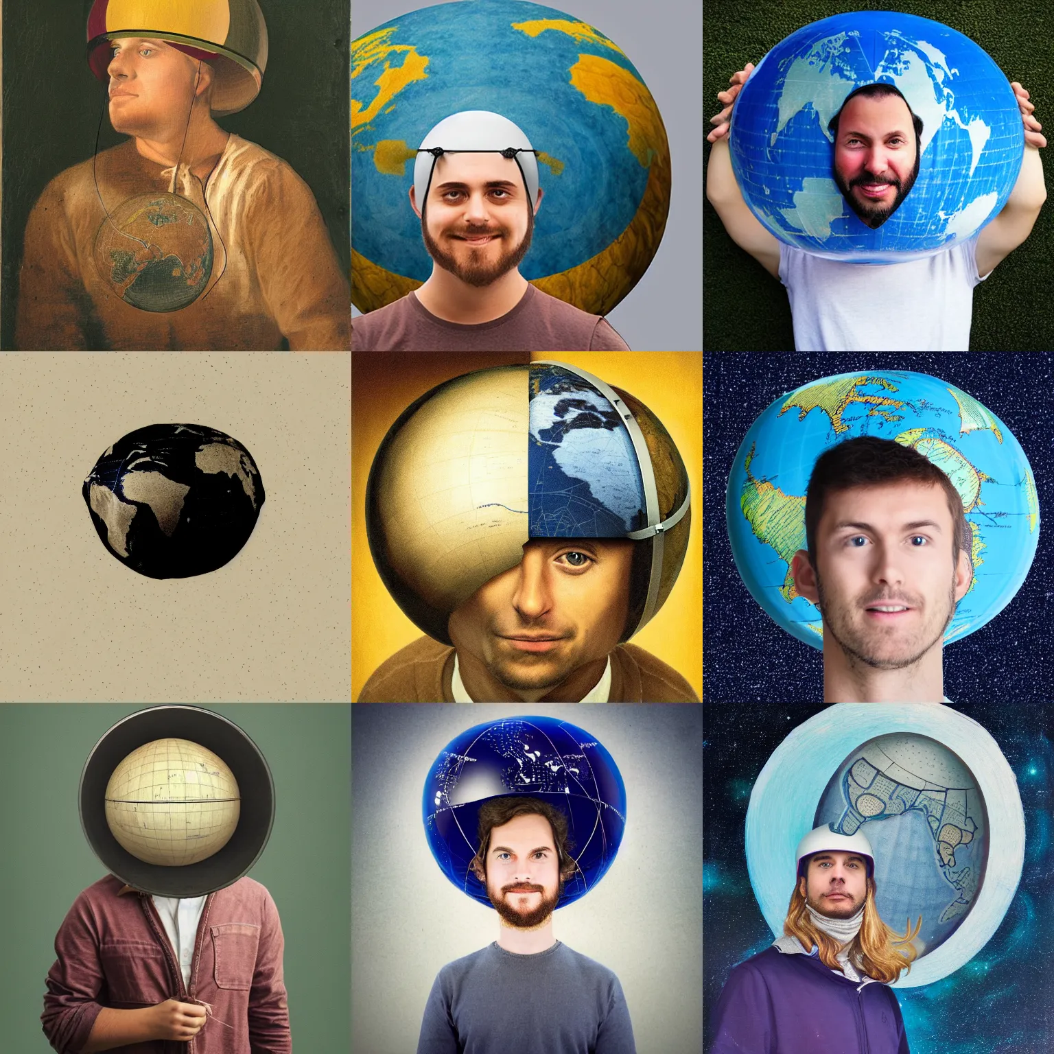 Prompt: portrait of person wearing semihemispherical world globe helmet