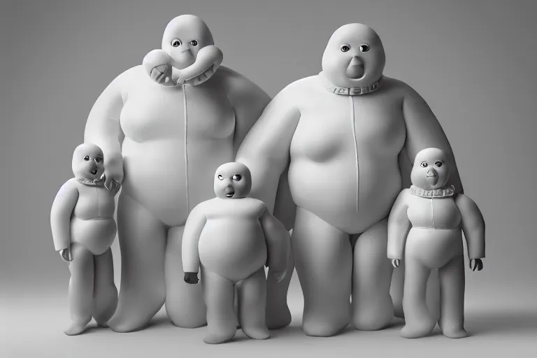 Image similar to a porcelain model, family portrait of Michelin Man, Bibendum family portrait, sculpture, photograph, studio lighting, product photography, pottery, figurine, octane render