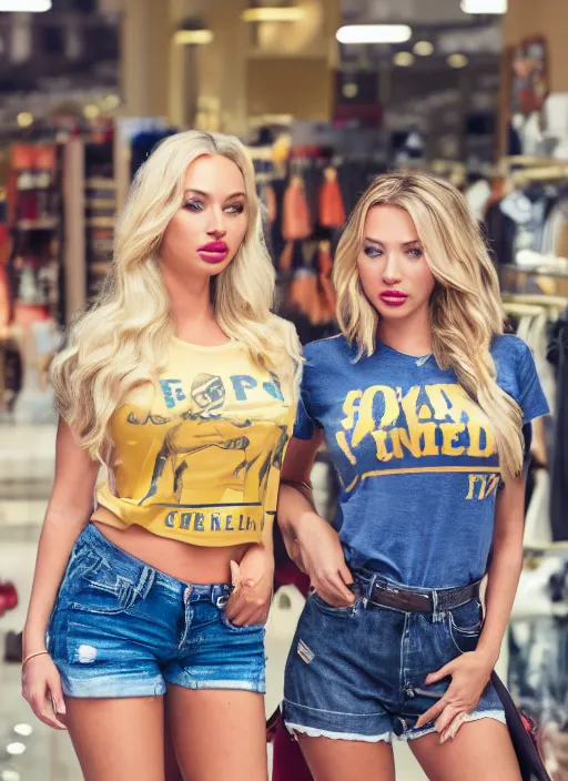 Prompt: portrait of lindsey pelas and scarlet johansson wearing golden t shirt while shopping, by charlotte grimm, natural light, detailed face, beautiful features, symmetrical, canon eos c 3 0 0, ƒ 1. 8, 3 5 mm, 8 k, medium - format print, half body shot