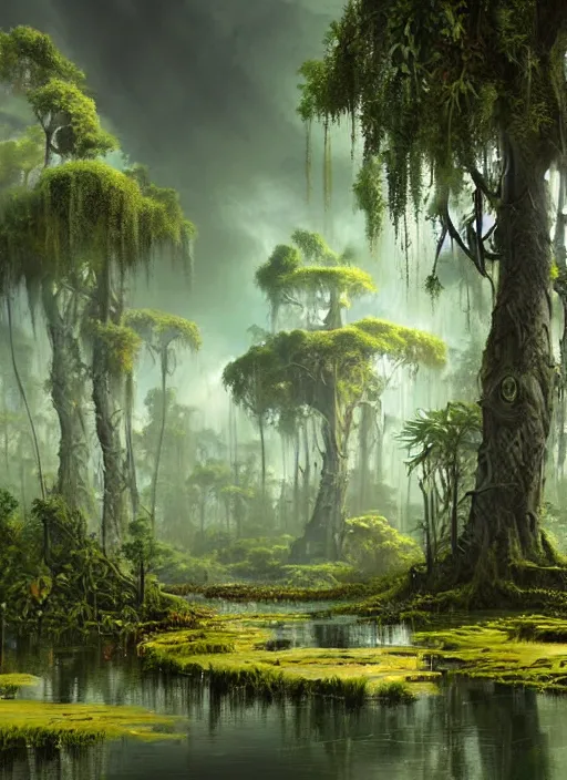 Image similar to a digital painting of a swampy area with trees, a detailed matte painting by stephan martiniere, cgsociety, fantasy art, matte painting, concept art, fractalism