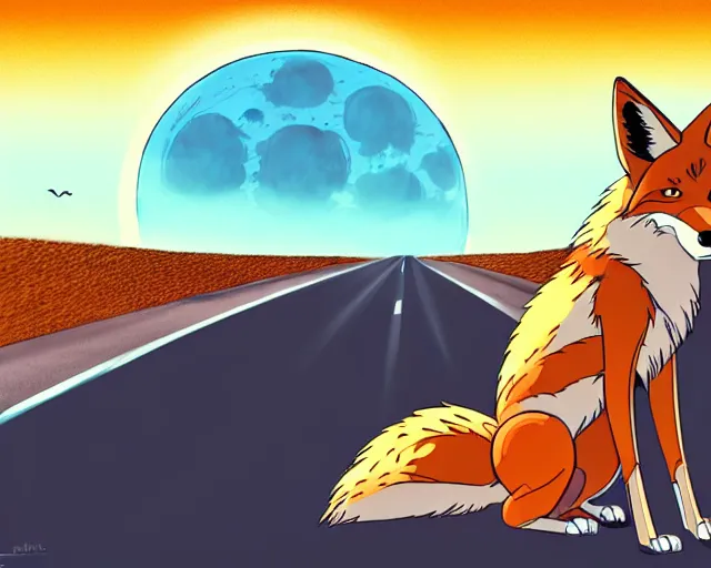 Prompt: a study of cell shaded cartoon of a mechanical coyote on a desert road, in front of a big moon illustration, full body, zoomed out, wide shot, subtle colors, post grunge, studio ghibli, trending on artstation, hq, deviantart, art by artgem