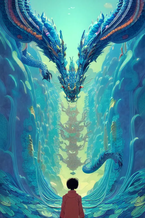 Image similar to a beautiful hyperdetailed character design 4 k wallpaper illustration of a huge cyan dragon, victo ngai style, from china, style of studio ghibli, makoto shinkai, raphael lacoste, louis comfort tiffany, denoise, deblurring, artgerm, xision, james jean, ross tran, chinese style