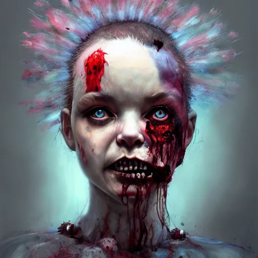 Image similar to color head portrait of young early bjork as a zombie, 7 days to die zombie, gritty background, fine art, award winning, intricate, elegant, sharp focus, cinematic lighting, digital painting, 8 k concept art, art by michael hussar, art by brom, art by guweiz and z. w. gu, 8 k