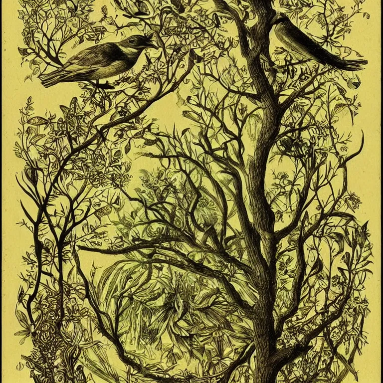 Prompt: bird in a mysterious forest , by ernst haeckel :: pyrography :: very beautiful! dreamy, poetic, melancholy