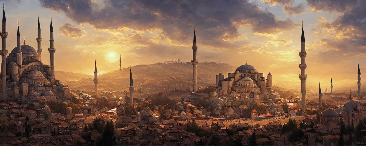 Prompt: a beautiful oil painting of medieval istanbul with ottoman people scenery landscape, lord of the rings,, rule of thirds, sunset, highly detailed, perfect lighting, perfect composition, 4 k, artgerm, derek zabrocki, greg rutkowski