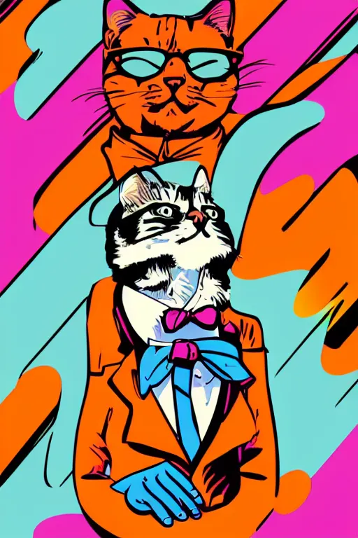 Prompt: happy cat, 7 6 retro futurist illustration art by butcher billy, sticker, colorful, illustration, highly detailed, simple, smooth and clean vector curves, no jagged lines, vector art, smooth andy warhol style