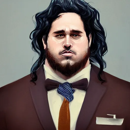 Image similar to a portrait of a short fat man with long curly black hair and a brown suit on with an American flag scarf, D&D, sci-fi, elegant, hopeful, muscular, highly detailed, digital painting, artstation, concept art, smooth, sharp focus, illustration