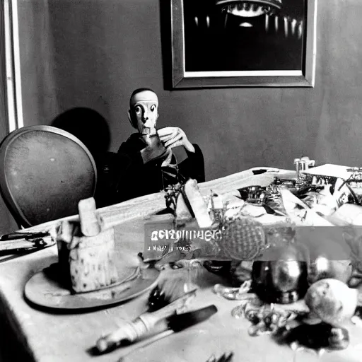 Image similar to an alien sits at a table on new year's eve in a soviet union apartment, top secret style, old photo