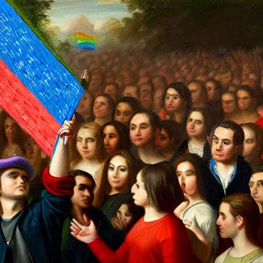 Image similar to i highly detailed photo of ben shapiro waving a rainbow flag in the middle of a crowd, historic painting, high definition, high quality painting, detailed face, detailed body, full body