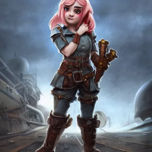 Image similar to full body portrait of a scrappy female gnome engineer with pixie undercut hair, one of her arms is a prosthetic metal thunder gauntlet, standing on a ship deck, naval background, fantasy, D&D, highly detailed, digital painting, HD, trending on ArtStation, dark fantasy, great composition, concept art, matte, sharp focus, illustration, by Greg Rutkowski