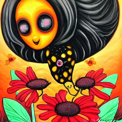 Prompt: macabre painting of a flower eating a bee by jeremiah ketner | horror themed | creepy