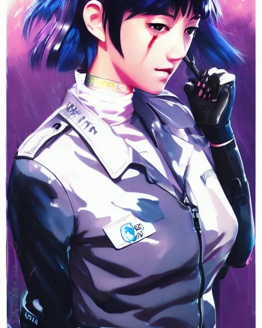 Prompt: police officer girl very very anime!!! fine face, audrey plaza, realistic shaded perfect face, fine details. anime. realistic shaded lighting cyberpunk futuristic neon tattoos styled hair reflective puffy sheen film jacket decorated poster by ilya kuvshinov katsuhiro otomo ghost in the shell magali villeneuve artgerm jeremy lipkin michael garmash rob rey