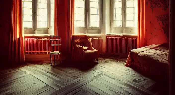 Prompt: 35mm photo of a Haunted House Room, gorgeous interior design, salmon colors, extreme temperature-interior-lighting, buildings-view, gorgeous-design, peaceful, style of Philippe Starck, 4k, professional photography, wide-perspective, grand-composition, concept-art, highly-detailed, sublime, dramatic, cinematic