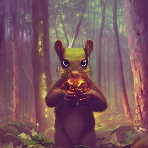 Prompt: dark scene of a tiny squirrel warrior holding blasters, surrounded by glowing eyes in the forest, realistic shaded lighting poster by ilya kuvshinov katsuhiro otomo, magali villeneuve, artgerm, jeremy lipkin and michael garmash and rob rey