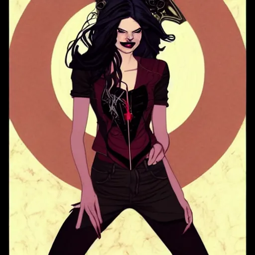 Prompt: pretty female Samara Weaving vampire, Jamie McKelvie comic art, art nouveau, Peter Mohrbacher, Alphonse Mucha, sharp vampire teeth, sarcastic smile, symmetrical eyes, symmetrical face, brown leather jacket, jeans, long black hair, full body