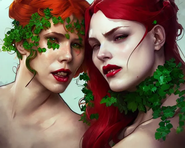 Image similar to poison ivy and harley quinn smooching, digital painting, trending on artstation, by artgerm and greg rutkowski and alphonse mucha