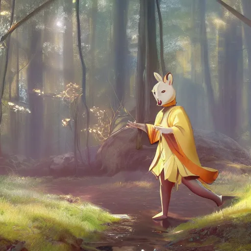 Image similar to concept art painting of an anthropomorphic chubby doe wearing gold robes, in the deep forest, realistic, detailed, cel shaded, in the style of makoto shinkai and greg rutkowski and james gurney