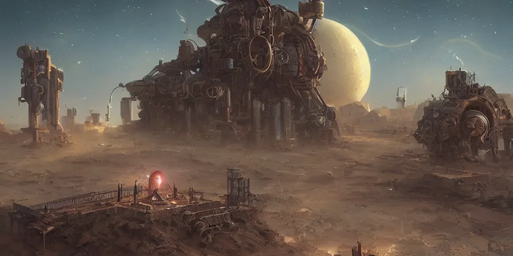 Image similar to anime spaceport in desert steampunk key by greg rutkowski night ultrahd fantastic details