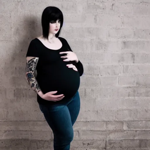 Image similar to a young goth man with a heavily pregnant belly in a t shirt and jeans