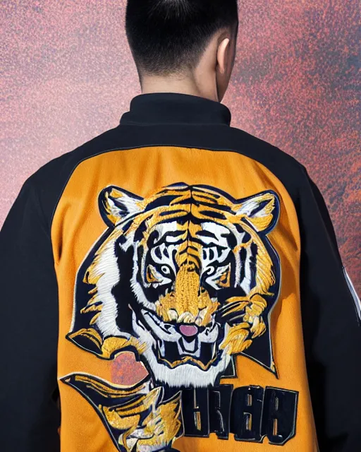 Prompt: photo back of a man wearing baseball jacket with a big tiger embrodery, irezumi, dark hangar background, centered, studio lighting, 1 5 0 mm