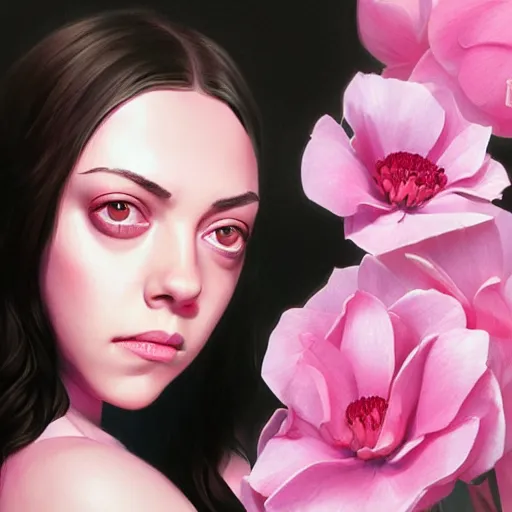 Image similar to pink petals with a a wonderful aubrey plaza and christina ricci mixed with mona lisa, intricate, elegant, highly detailed, wonderful eyes, sweet, digital painting, artstation, concept art, smooth, sharp focus, illustration, art by artgerm and greg rutkowski and concept art, rectilinear vaporwave